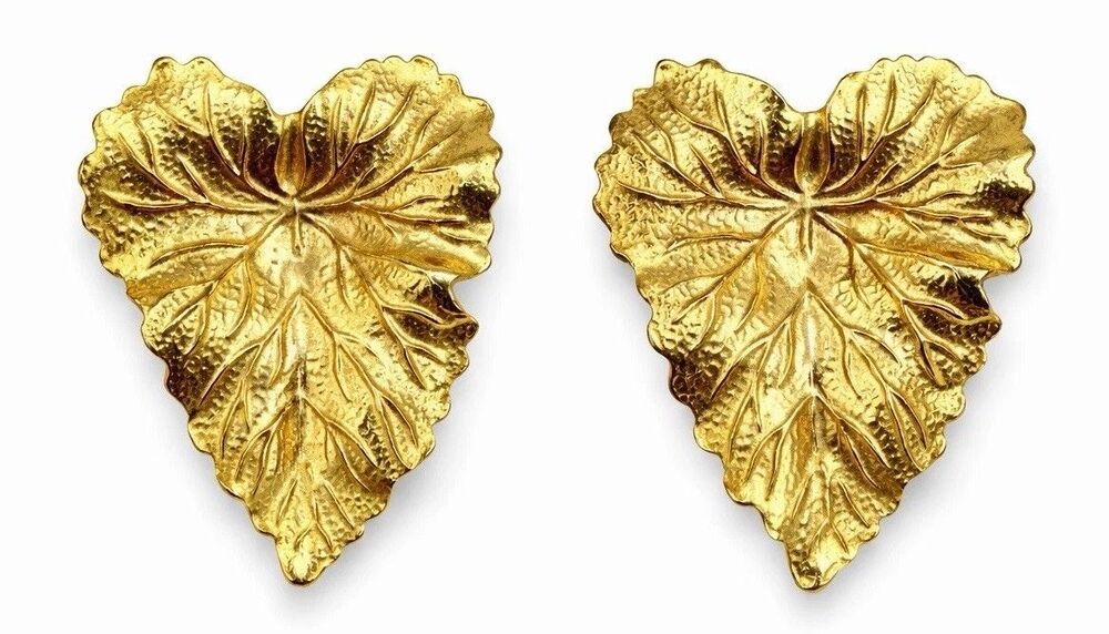 Vintage Gold Tone Leaf Earrings Textured Botanical Statement 1970s Pierced